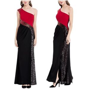 Glamorous One-Shoulder Red and Black Maxi Dress